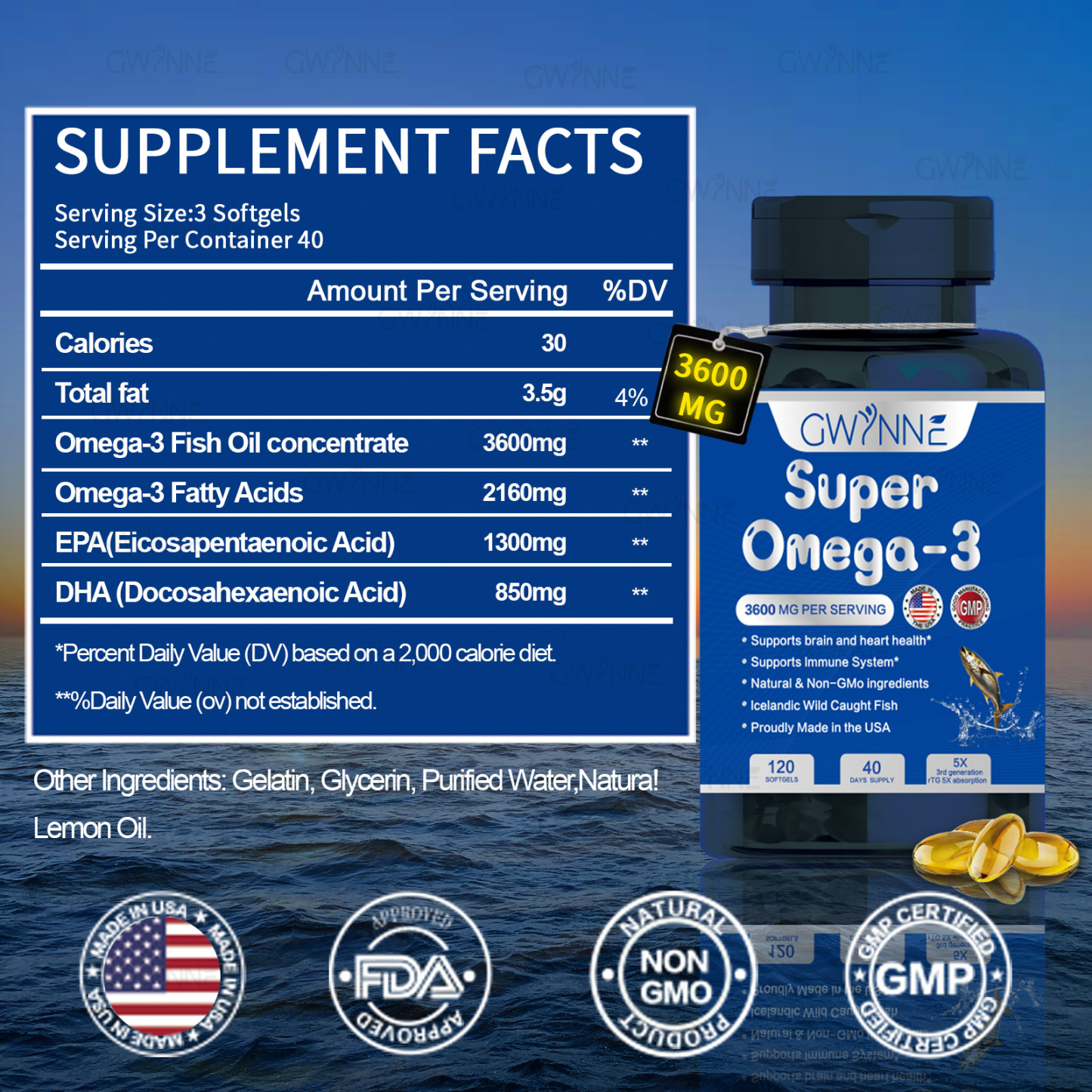 Gwynne Super Omega 3 Premium 3600mg Aceite De Pescado,orégano,pescado Salvaje De Islandia,salud Cerebral,salud Del Corazón,apoyo A La Salud De La Inflamación,apoyo A La Salud Del Colesterol 120Cápsula