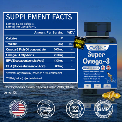 Gwynne Super Omega 3 Premium 3600mg Aceite De Pescado,orégano,pescado Salvaje De Islandia,salud Cerebral,salud Del Corazón,apoyo A La Salud De La Inflamación,apoyo A La Salud Del Colesterol 120Cápsula