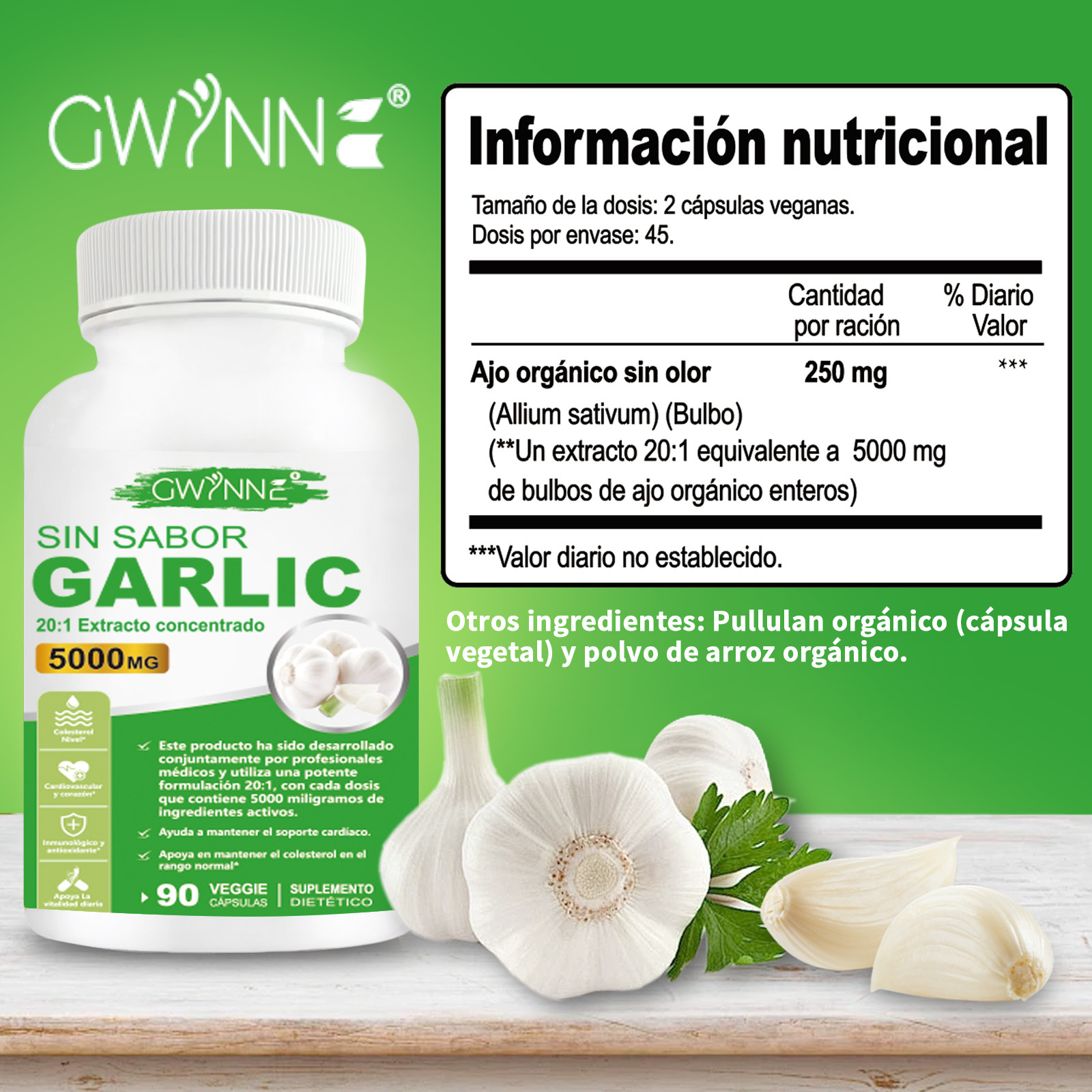 Gwynne Sin Sabor Garlic 20:1 Extracto Concentrado 90 Cápsulas,5000 Mg De Fuerza,mantener Los Niveles De Colesterol,apoyar El Corazón,antioxidantes