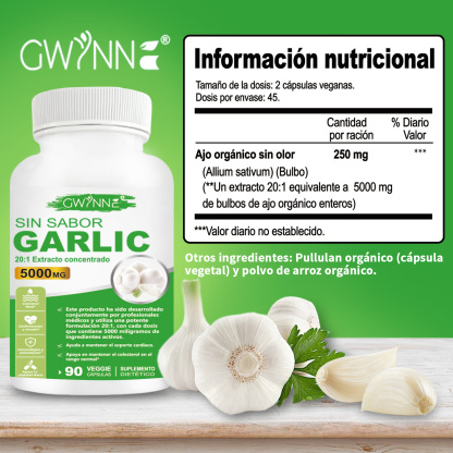 Gwynne Sin Sabor Garlic 20:1 Extracto Concentrado 90 Cápsulas,5000 Mg De Fuerza,mantener Los Niveles De Colesterol,apoyar El Corazón,antioxidantes