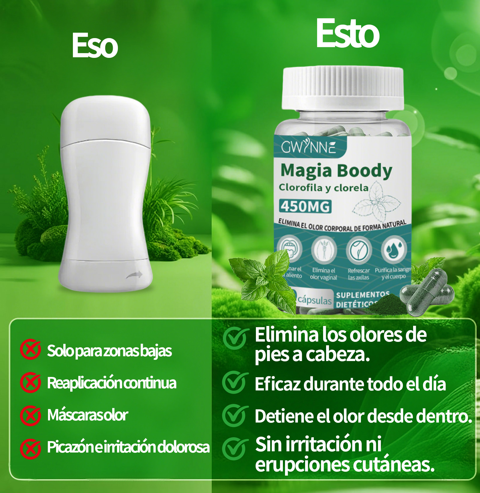 Gwynne Boody Magic Tabletas De Clorofila Natural Para El Olor Corporal Femenino Contiene 450 Mg De Clorofila Y Chlorella, Suplemento Desodorante Corporal Para Hombres Y Mujeres,60 Cápsulas