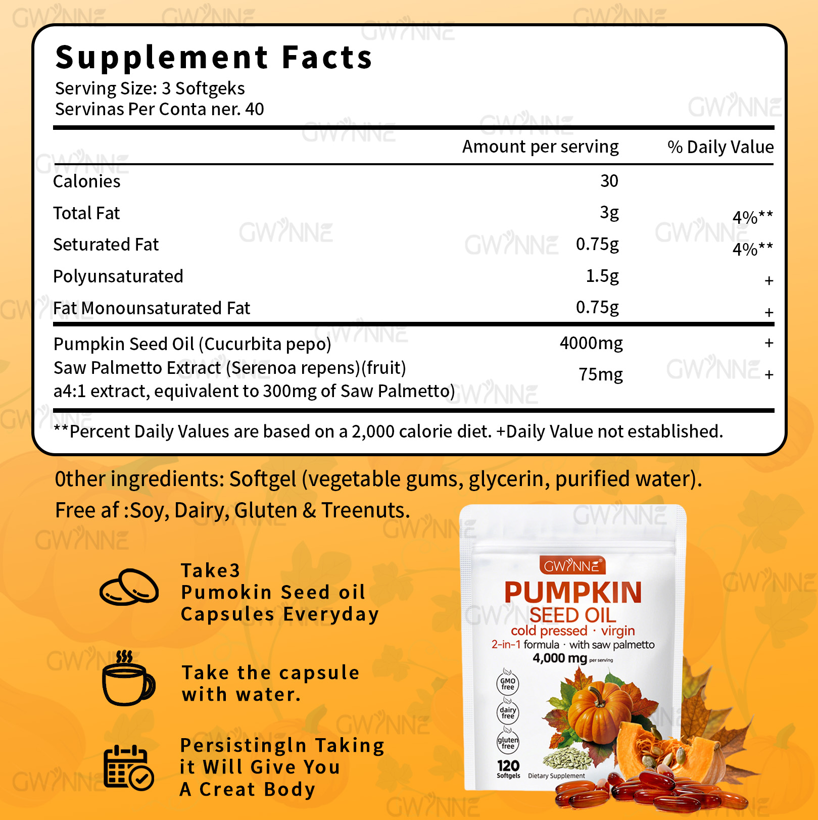 Gwynne 4000mg Cápsulas De Aceite De Semilla De Calabaza,Cold Pressed,Pure Virgin Oil,Apoyar la salud del cabello,el sistema urinario y la próstata,rico En Ácidos Grasos y Phytosterols 120cápsulas