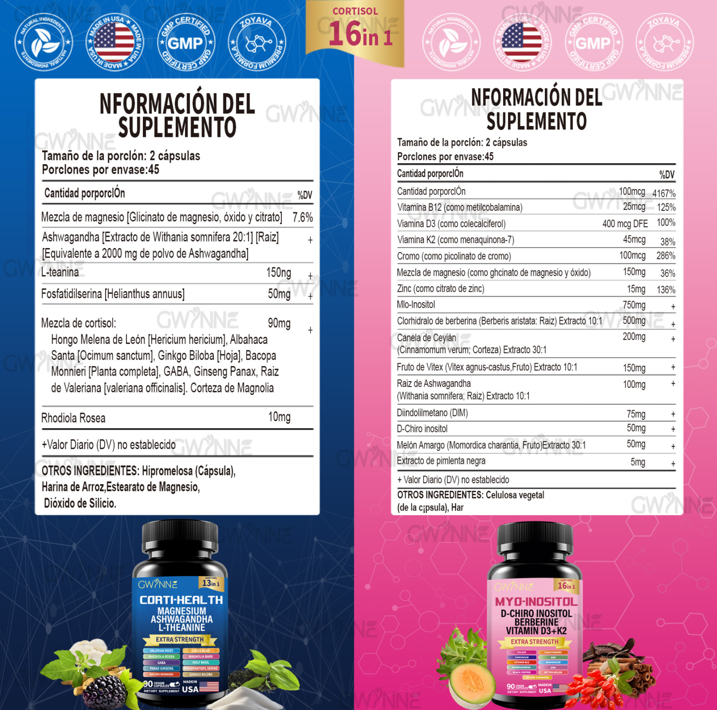 Gwynne Suplemento De Cortisol 90 Cápsulas + Suplemento De Inositol Myo-inositol Y D 90 Cápsulas,con Glicinato De Magnesio,vitamina B12 Y K2