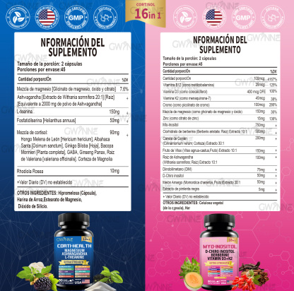 Gwynne Suplemento De Cortisol 90 Cápsulas + Suplemento De Inositol Myo-inositol Y D 90 Cápsulas,con Glicinato De Magnesio,vitamina B12 Y K2