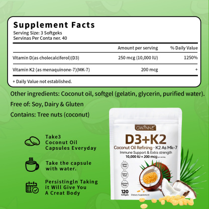 Gwynne Vitamina D3 10.000ui + K2 Mk-7 200mcg,120cápsulas 2 En 1 Aceite De Coco Vírgenapoyo Óseo,inmunológico Y Cardíaco