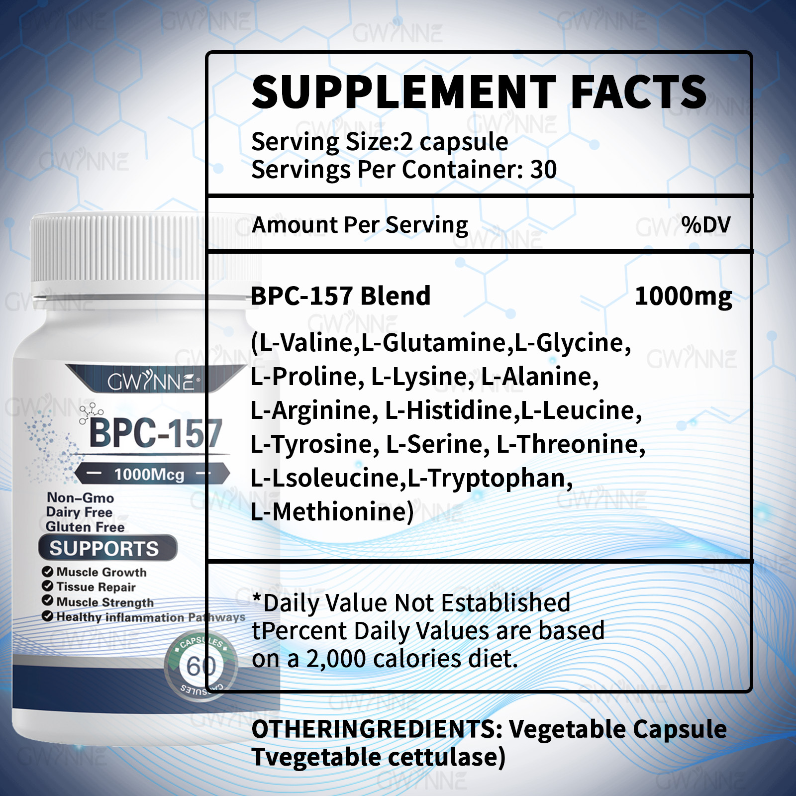 Gwynne Cápsulas De Péptidos Bpc-157 De Alta Potencia Para La Recuperación Muscular Y Del Ejercicio, Recuperación Acelerada Y Curación Intestinal 1000mcg 60 Cápsulas