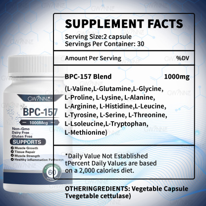 Gwynne Cápsulas De Péptidos Bpc-157 De Alta Potencia Para La Recuperación Muscular Y Del Ejercicio, Recuperación Acelerada Y Curación Intestinal 1000mcg 60 Cápsulas