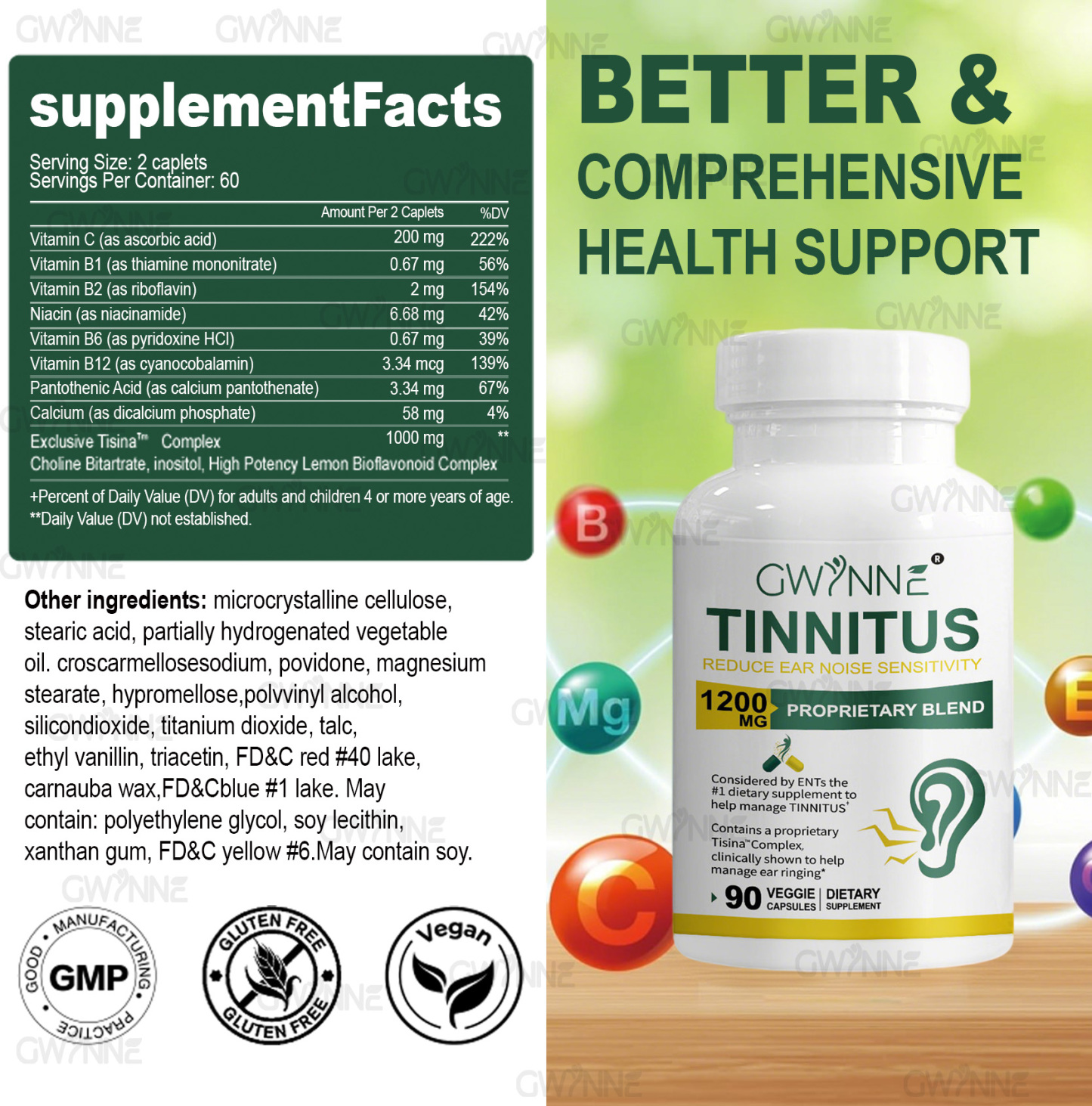 GWYNNE 1200mg Alivio del zumbido en los oídos – Suplemento con vitamina C & Complejo B–Clínicamente probado para el zumbido en los oídos & Alivio del síndrome de Meniere 90Cápsuls