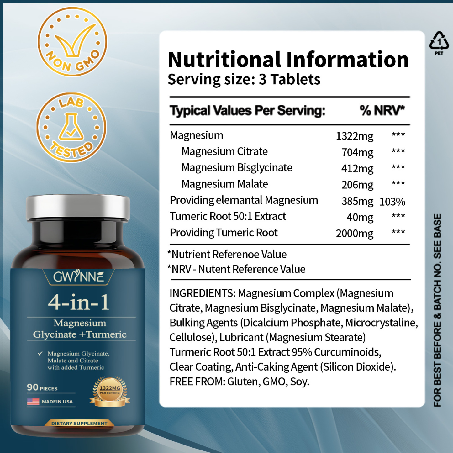 Gwynne 4 En 1 Triple Magnesium Complex:1322mg De Glicinato De Magnesio,malato De Magnesio Y Citrato De Magnesio,2000 Mg De Curcumina,para Fortalecer Los Músculos,los Nervios Y La Energía 90 Cápsulas