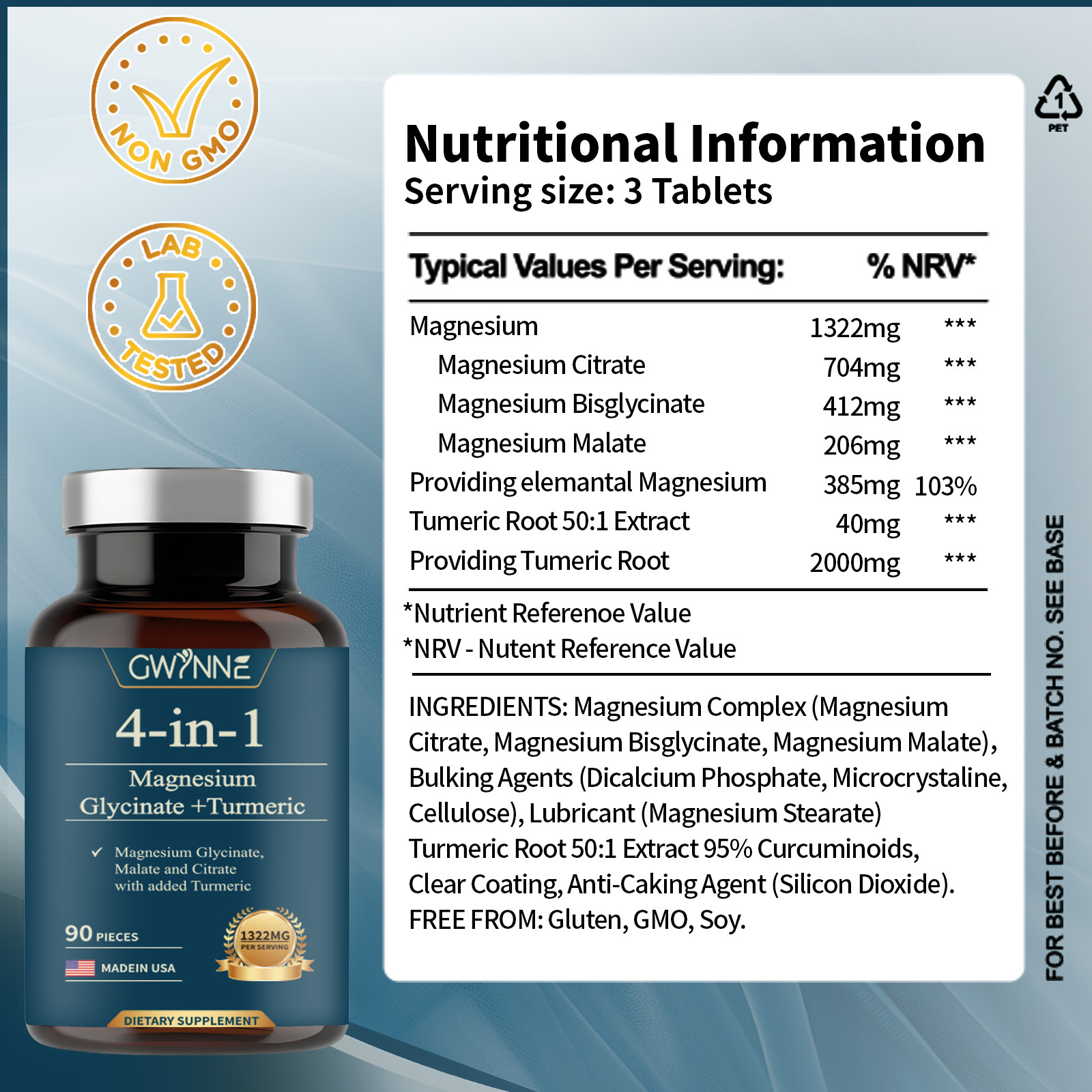 Gwynne 4 En 1 Triple Magnesium Complex:1322mg De Glicinato De Magnesio,malato De Magnesio Y Citrato De Magnesio,2000 Mg De Curcumina,para Fortalecer Los Músculos,los Nervios Y La Energía 90 Cápsulas
