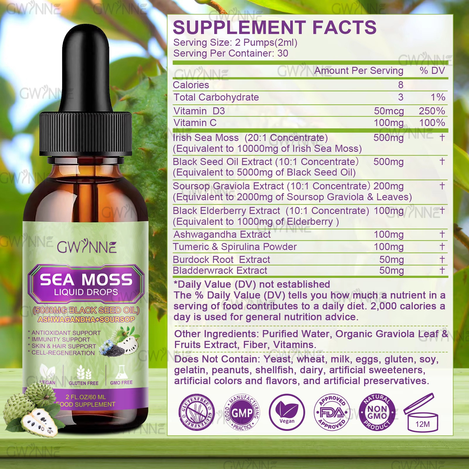 Gwynne Gotas Líquidas De Musgo Marino 5000mg 60ml - Irish Sea Moss Black Seed,suplemento Multimineral De Musgo Marino Apoyo Antioxidante, Inmunitario, Salud Intestinal