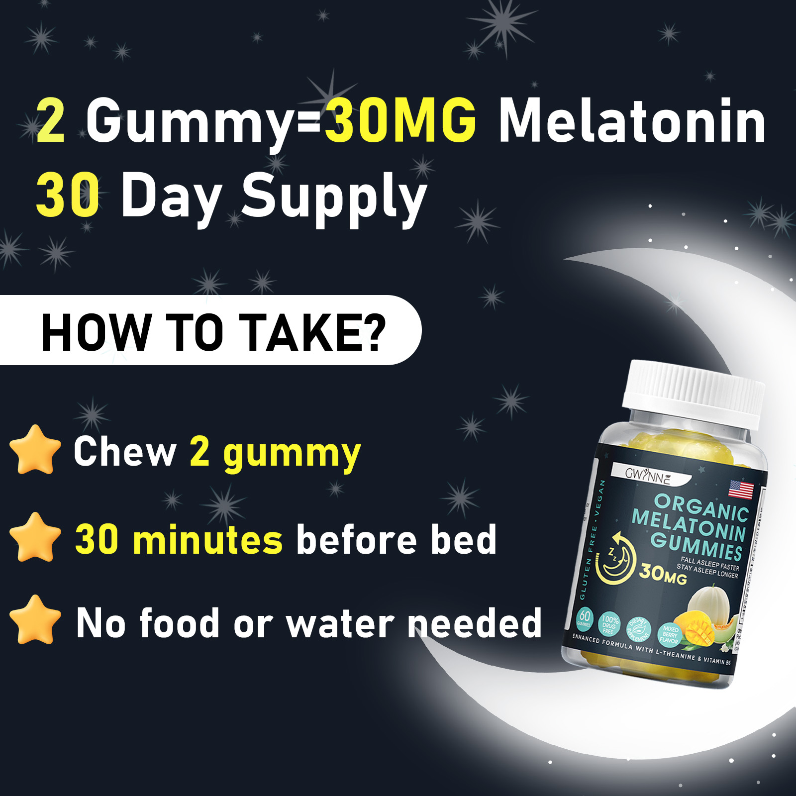 Premium Melatonin 30mg Gummies GWYNNE Ayuda a conciliar el sueño Tranquilidad y sueño prolongado Ayuda a aliviar el estrés Crecimiento muscular Suplemento dietético 60 Gummies