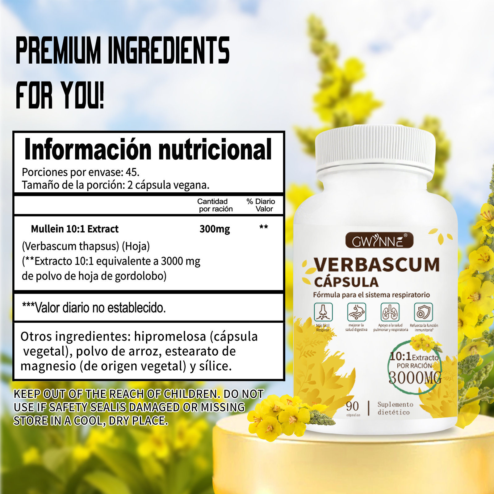 Gwynne Extracto De Hoja De Verbascum Thapsus,con Mullein 10: 1 3000mg,90capsules - Suplemento Herbal De Desintoxicación Pulmonar Natural,apoya La Salud Respiratoria E Inmune,limpieza Pulmonar