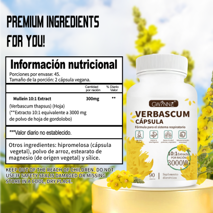 Gwynne Extracto De Hoja De Verbascum Thapsus,con Mullein 10: 1 3000mg,90capsules - Suplemento Herbal De Desintoxicación Pulmonar Natural,apoya La Salud Respiratoria E Inmune,limpieza Pulmonar
