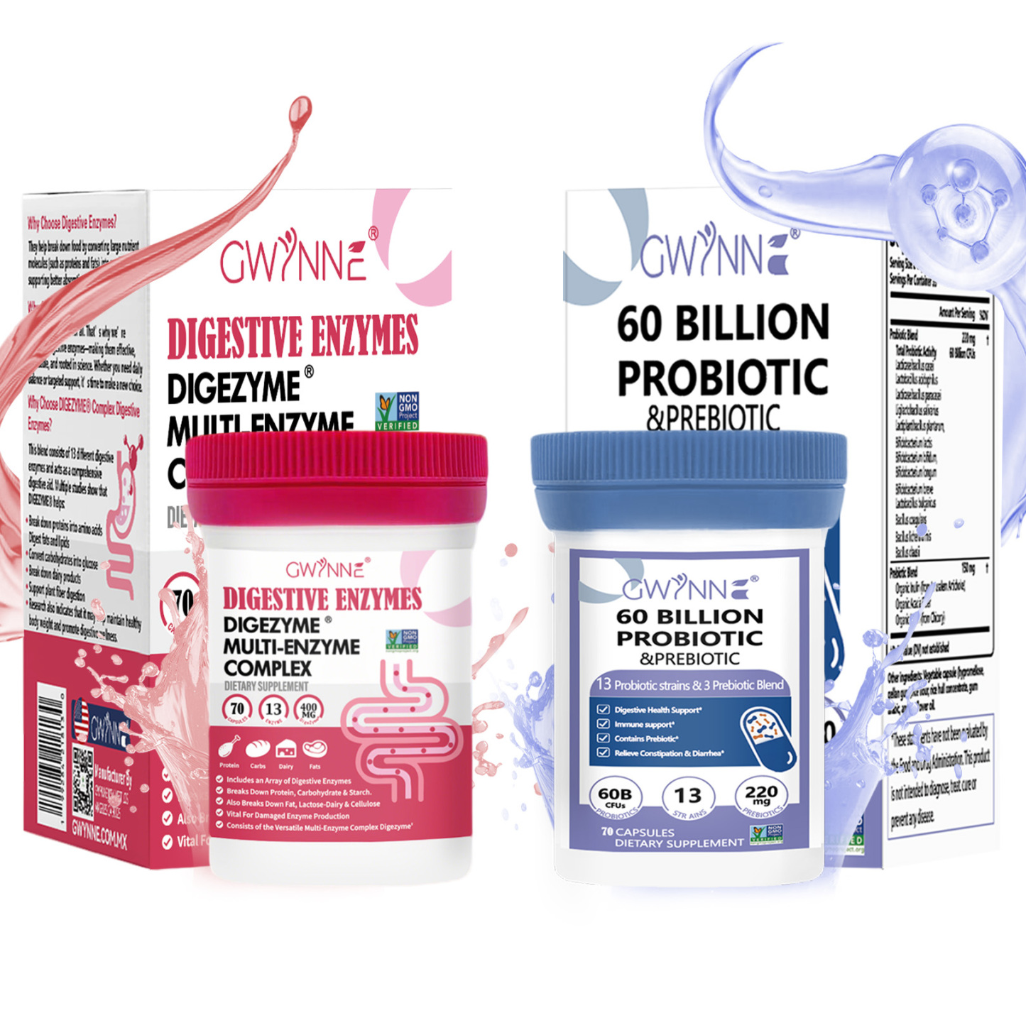 Gwynne Paquete Avanzado Salud Intestinal:Vaginal probióticos 60 Billion De Ucf 70Cápsula Y Enzimas Digestivas 400mg 70Cápsula,para Salud Digestiva Y Salud Intestinal,apoya El Estreñimiento Ocasional