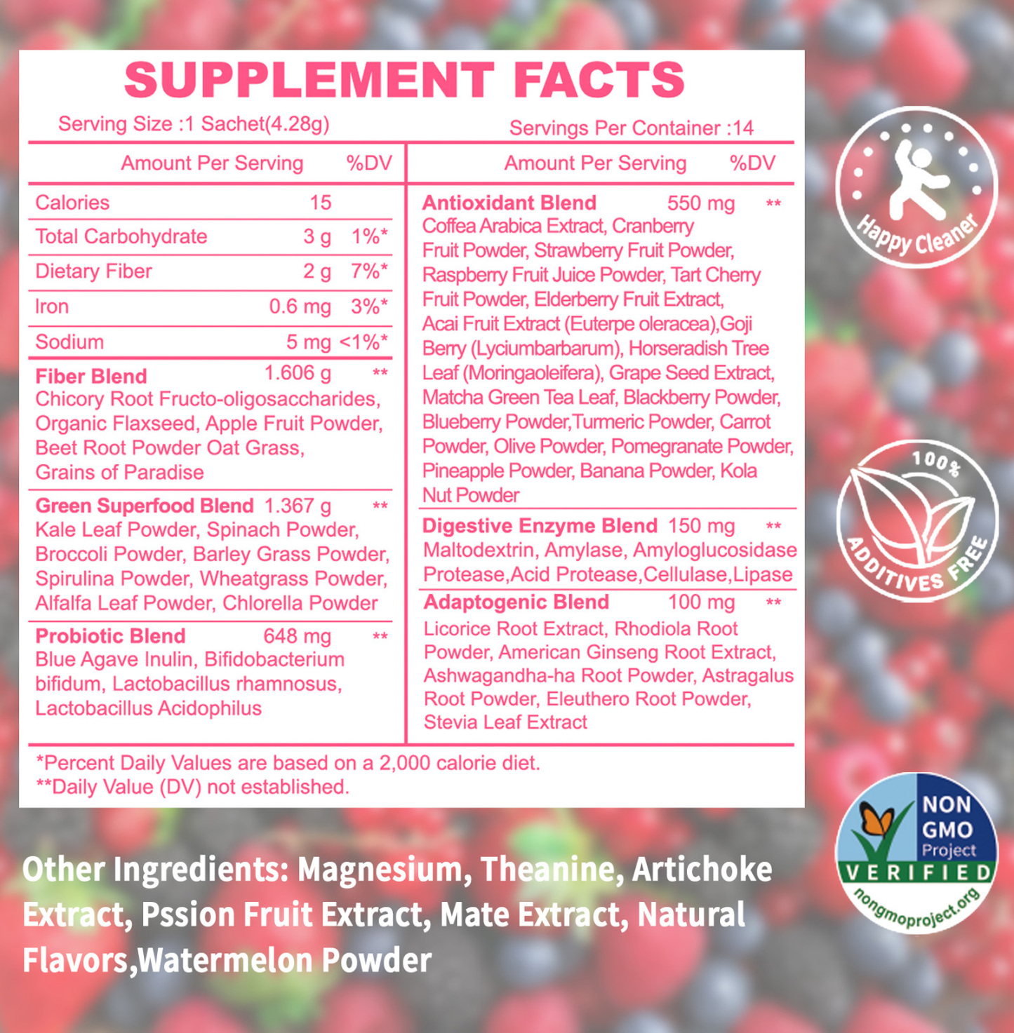 Gwynne Happy Cleaner Polvo Prebiótico Probiótico - Polvo De Mezcla De Bayas De Sandía (28 Paquetes De Una Sola Porción) Con Frutas