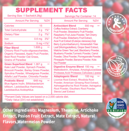 Gwynne Happy Cleaner Polvo Prebiótico Probiótico - Polvo De Mezcla De Bayas De Sandía (28 Paquetes De Una Sola Porción) Con Frutas