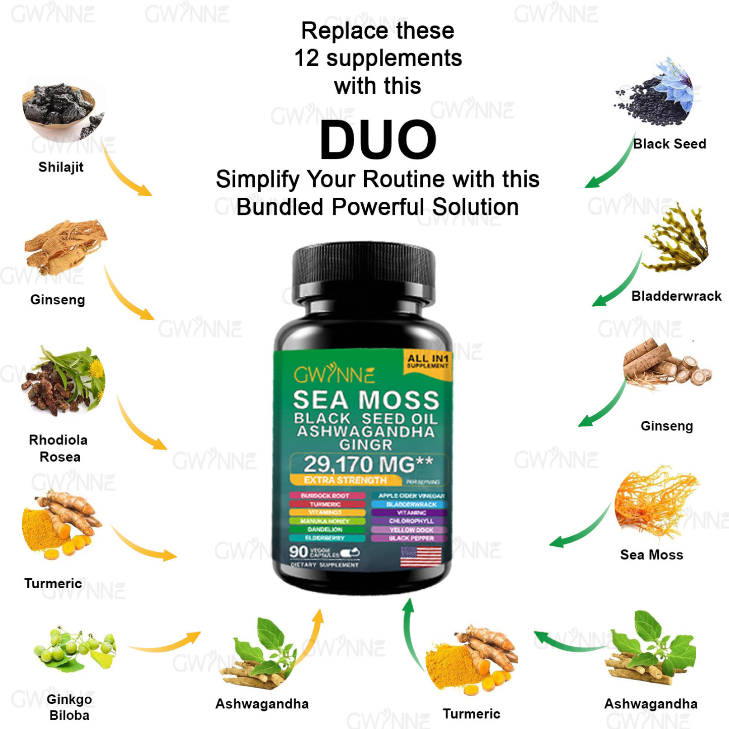 Gwynne All In 1 Shilajit Y Sea Moss Bundle 90 Cápsulas-contiene 29170 Mg De Musgo Marino, Aceite De Semilla Negra, Etc Y Contiene 22875 Mg De Shilajit,rhodiola Rosea, Etc