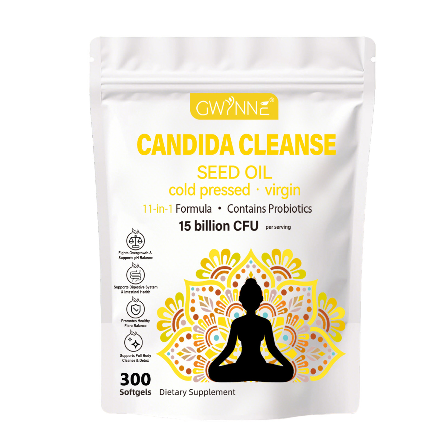 Gwynne Candida Cleanse Seed Oil Cápsulas,hierbas Naturales Para La Desintoxicación Intestinal Con 15 Billion Cfu,300 Cápsulas,11-in-1 Formula Con Hoja De Orégano,ácido Caprílico Y Probiotics