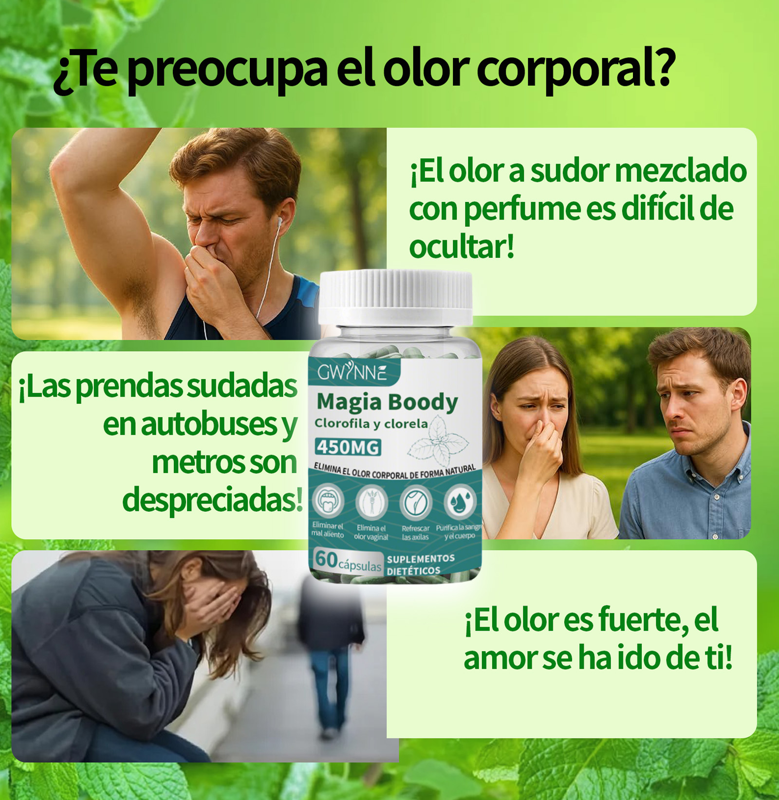 Gwynne Boody Magic Tabletas De Clorofila Natural Para El Olor Corporal Femenino Contiene 450 Mg De Clorofila Y Chlorella, Suplemento Desodorante Corporal Para Hombres Y Mujeres,60 Cápsulas