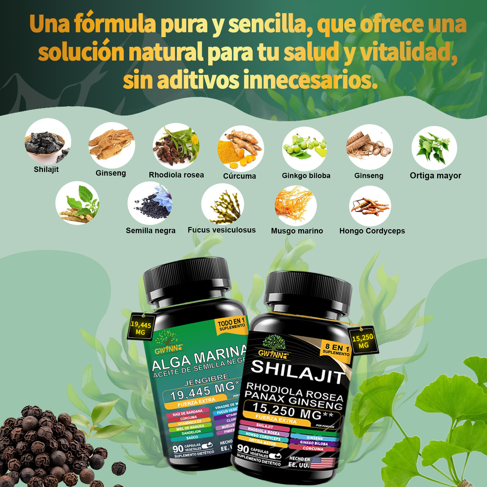 Gwynne All In 1 Shilajit Y Sea Moss Bundle 90 Cápsulas-contiene 29170 Mg De Musgo Marino, Aceite De Semilla Negra, Etc Y Contiene 22875 Mg De Shilajit,rhodiola Rosea, Etc