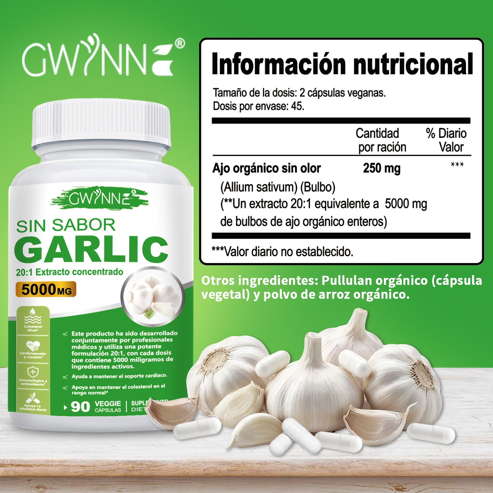 Gwynne Sin Sabor Garlic 20:1 Extracto Concentrado 90 Cápsulas,5000 Mg De Fuerza,mantener Los Niveles De Colesterol,apoyar El Corazón,antioxidantes