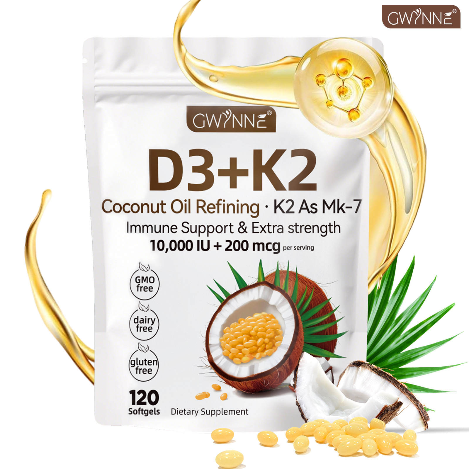 Gwynne Vitamina D3 10.000ui + K2 Mk-7 200mcg,120cápsulas 2 En 1 Aceite De Coco Vírgenapoyo Óseo,inmunológico Y Cardíaco