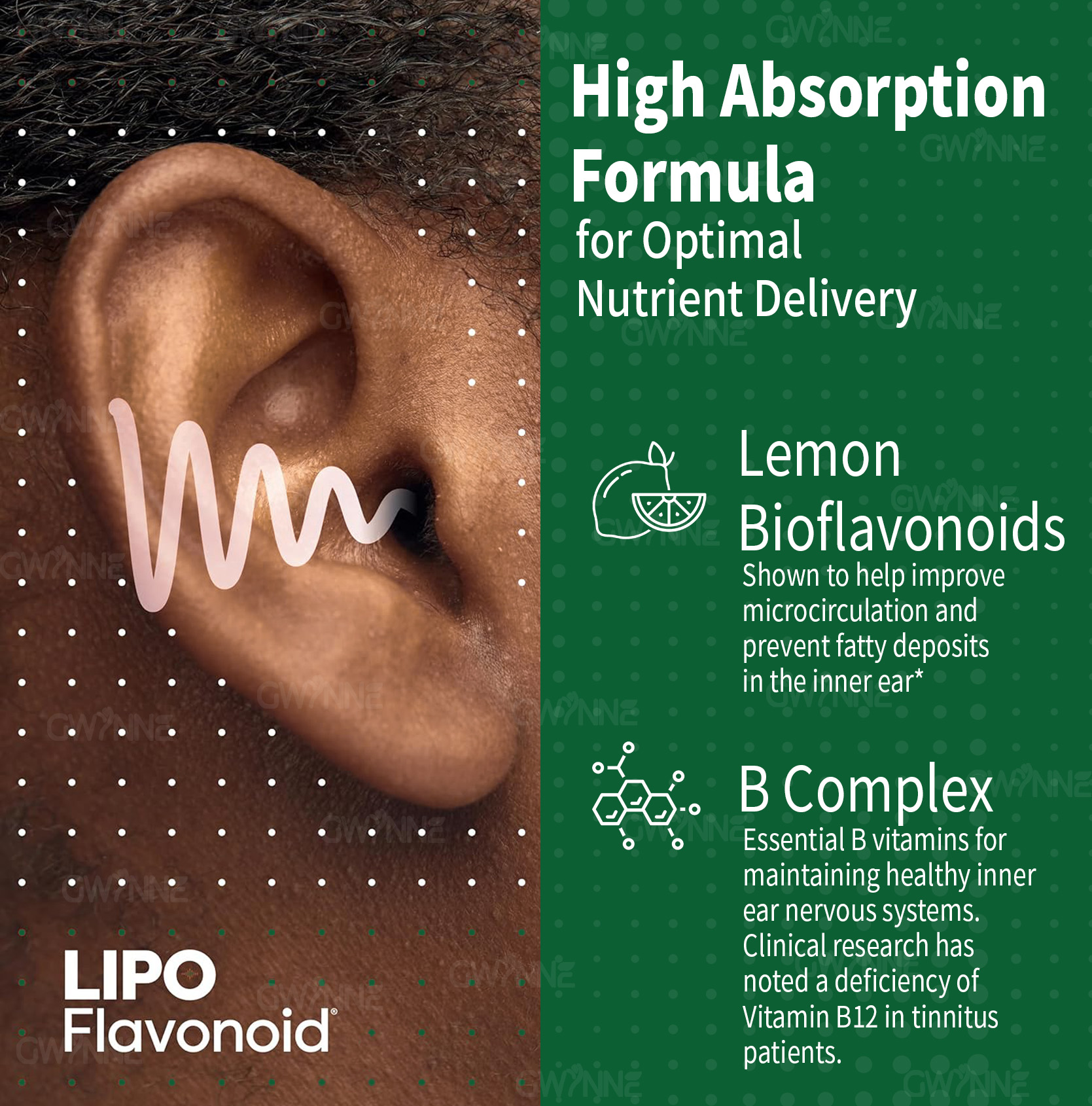 GWYNNE 1200mg Alivio del zumbido en los oídos – Suplemento con vitamina C & Complejo B–Clínicamente probado para el zumbido en los oídos & Alivio del síndrome de Meniere 90Cápsuls