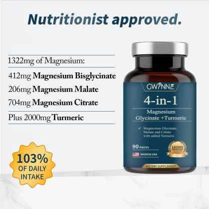 Gwynne 4 En 1 Triple Magnesium Complex:1322mg De Glicinato De Magnesio,malato De Magnesio Y Citrato De Magnesio,2000 Mg De Curcumina,para Fortalecer Los Músculos,los Nervios Y La Energía 90 Cápsulas
