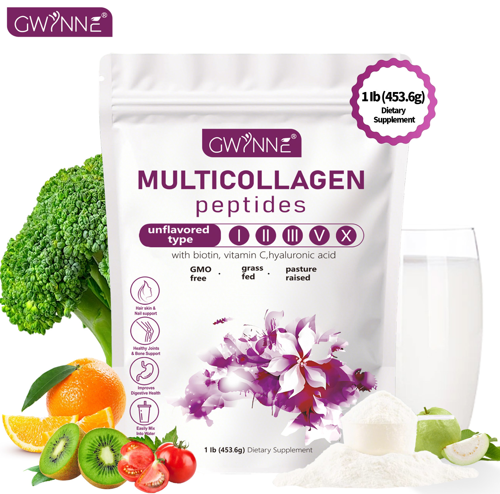 Gwynne Multicollagen Peptides Polvo,con Biotina,453.6g Sin Sabor