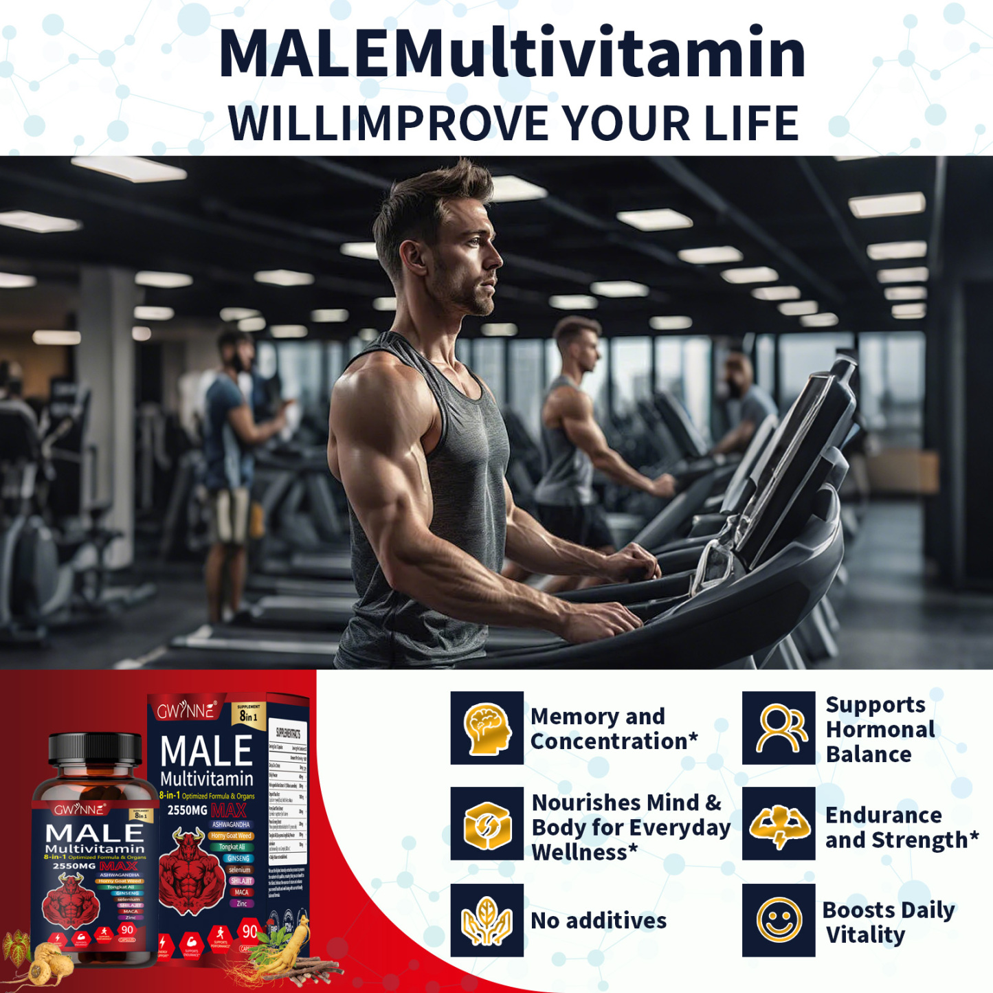 Gwynne Multivitamina Para Hombre 90 Cápsula,8 En 1 Multivitaminas Para Hombres Diarias 2550 Mg Max Con Zinc,shilajit,horny Goat Weed,etc,apoyo A La Energía Físicas