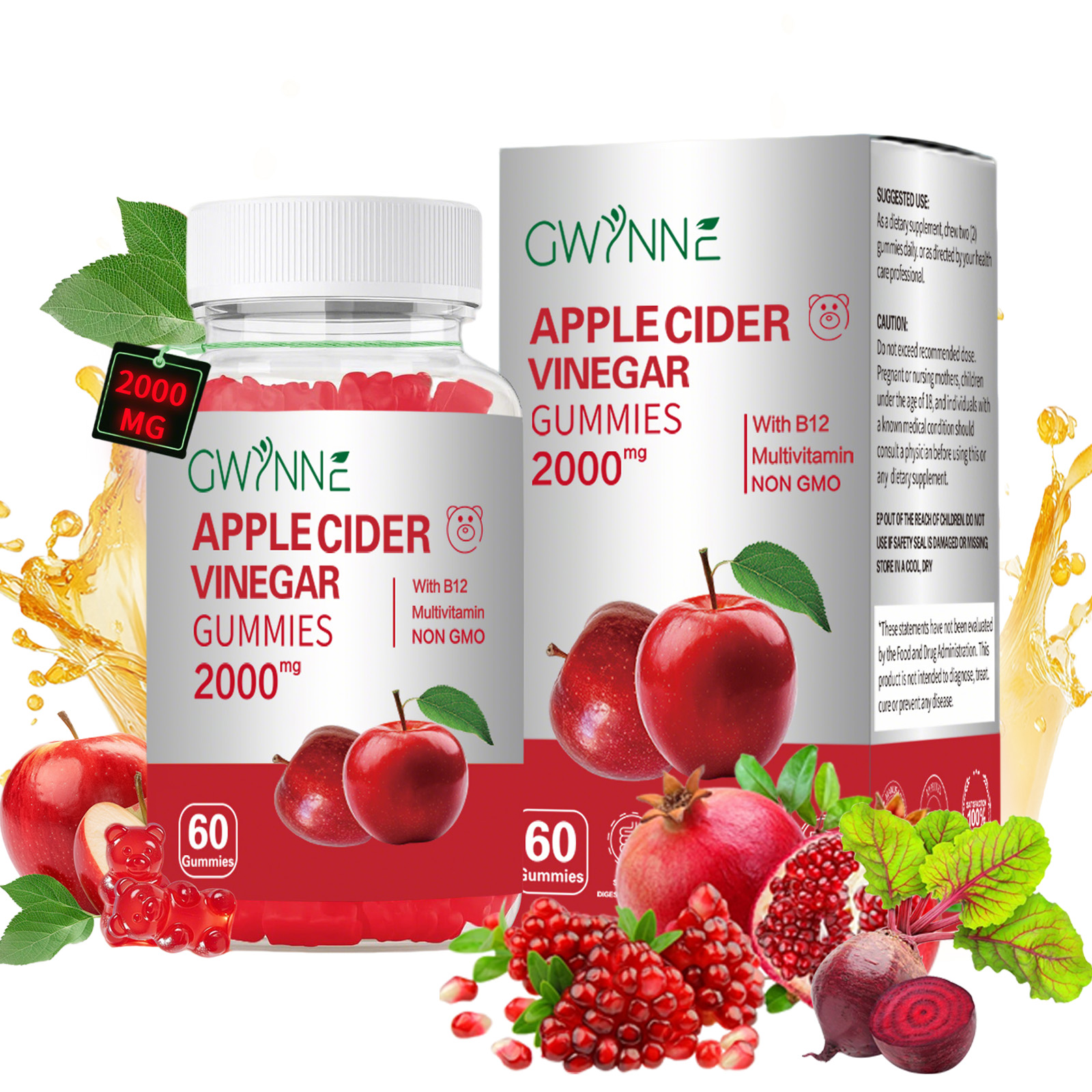 Gominolas Vinagre de manzana,Potencia Máxima 2000mg Contiene Vitaminas B12, B6, Ácido Fólico Y Probióticos Para La Salud Metabólica, Intestinal, Cutánea E Inmunológica,peso 60 gomitas
