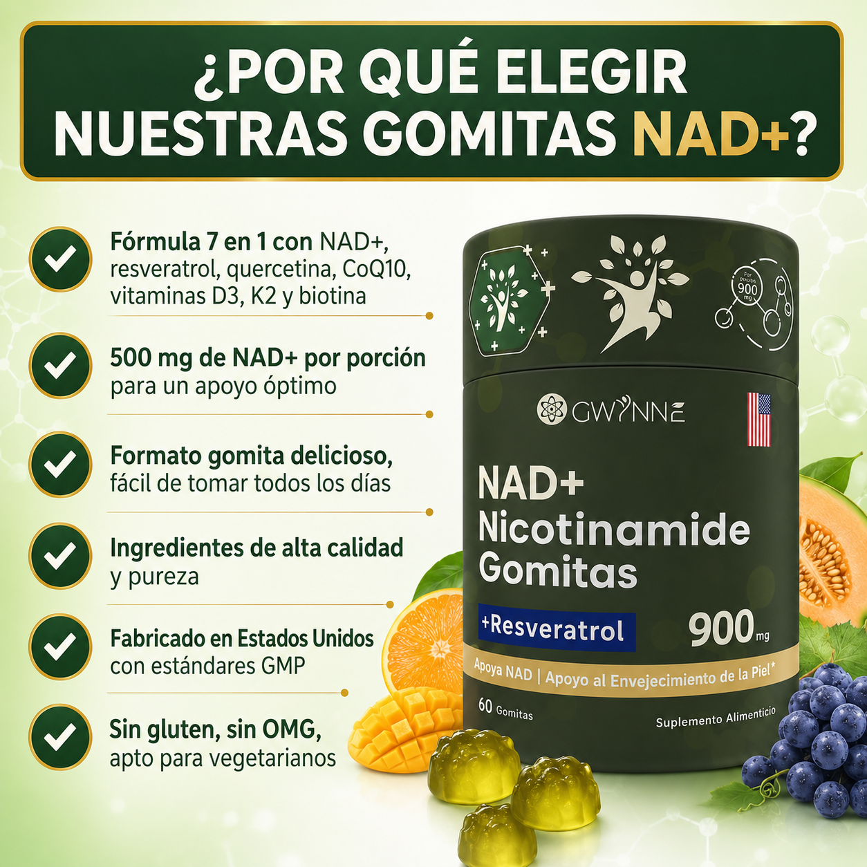 Gwynne Nicotinamida Ribosida Liposomal Con Resveratrol Y Quercetina Suplementos Nad Alta Pureza 900mg Contiene vitamina K2, D3 y quercetina 60 Gominolas