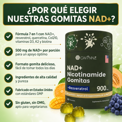 Gwynne Nicotinamida Ribosida Liposomal Con Resveratrol Y Quercetina Suplementos Nad Alta Pureza 900mg Contiene vitamina K2, D3 y quercetina 60 Gominolas