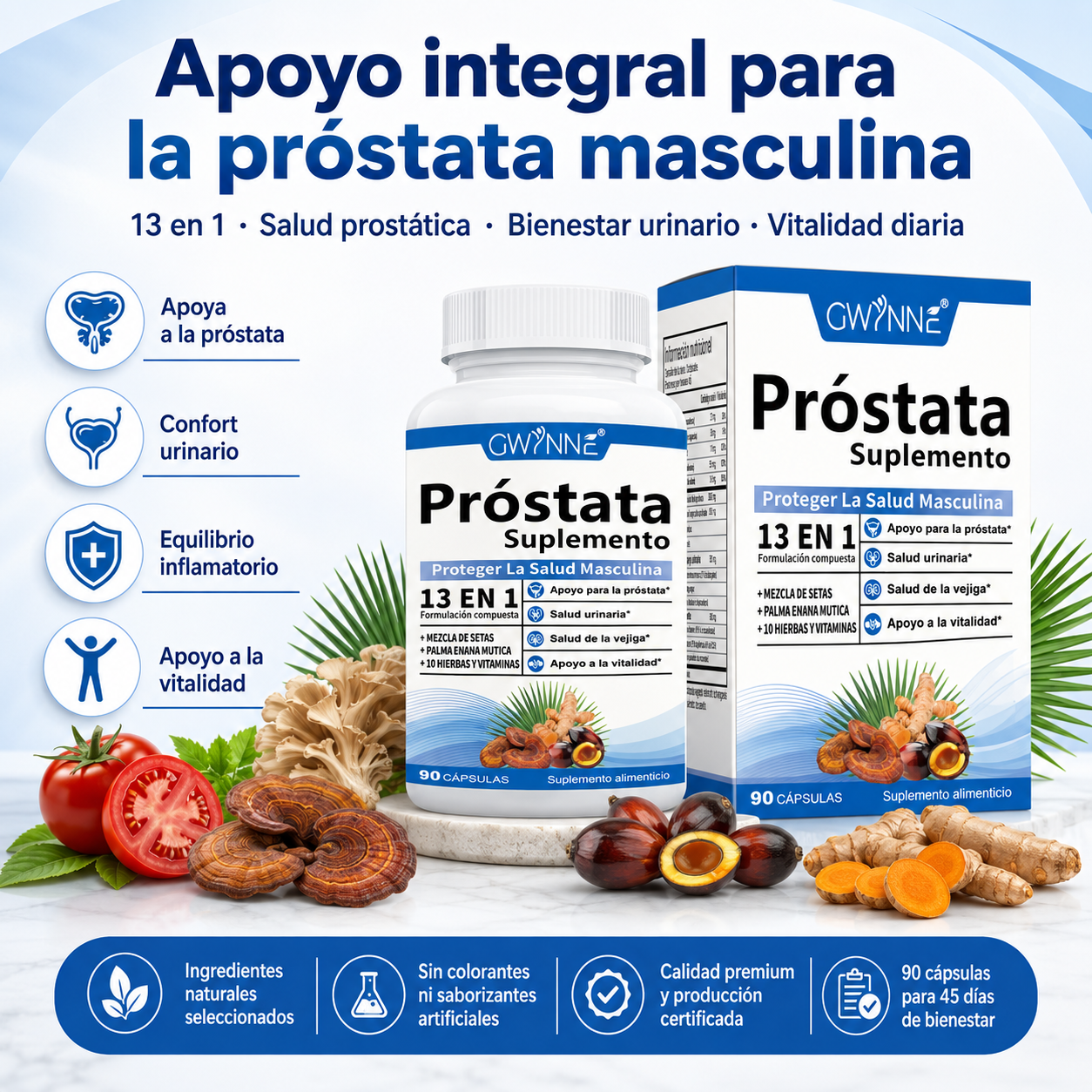 Gwynne 13en1 Nutricional Prostate Health 2000mg 90 Cápsulas Para Mejorar El Rendimiento Masculino,favorecer La Calidad De Vida Y Aumentar La Satisfacción De La Pareja