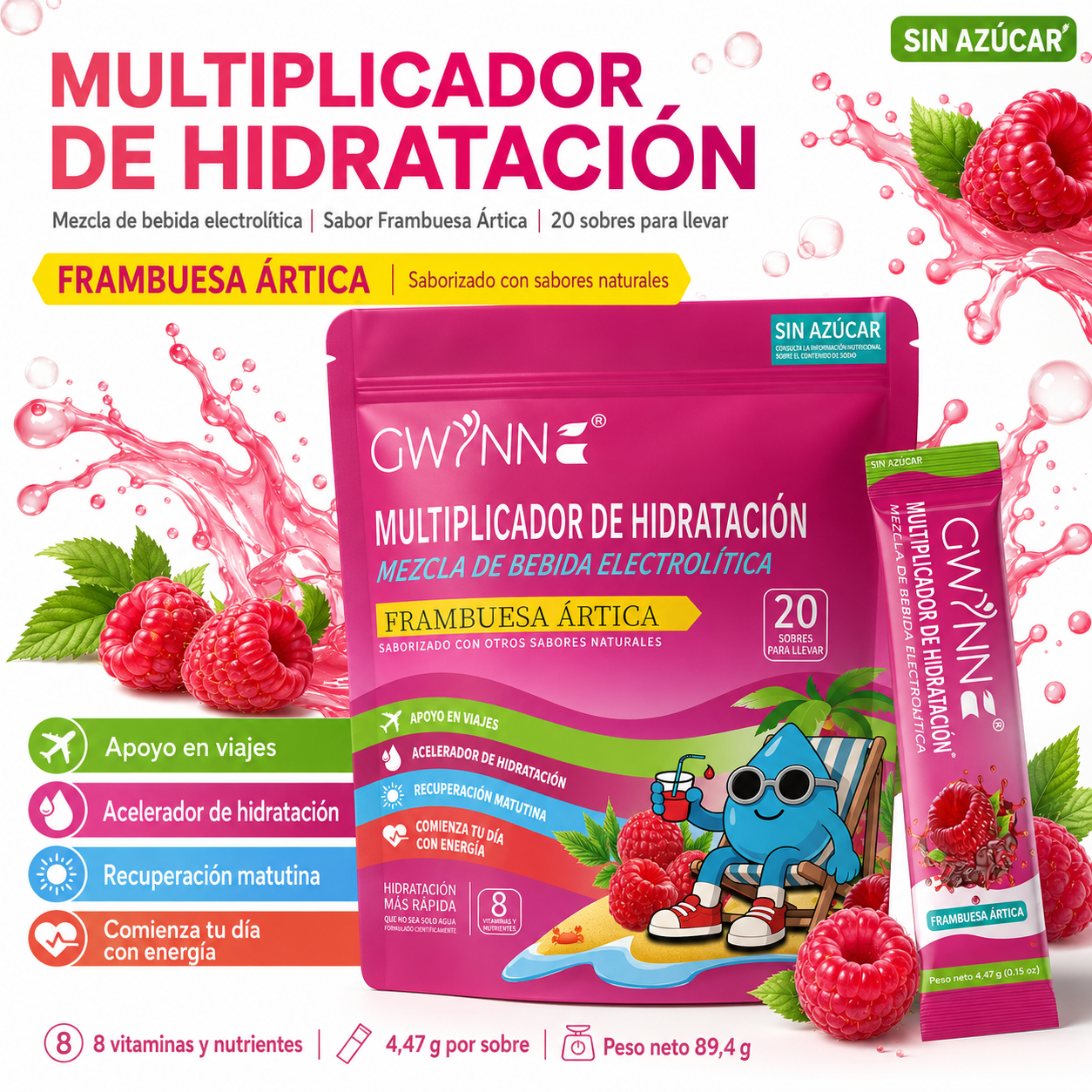 Gwynne Multiplicador De Hidratacion Mezcla De Bebida Electrolitica,supercalm Nutricional Bebidas Mixtas En Polvo Con Sodio ,vitamina C Y B12,sabor A Frambuesa 20 Unidade