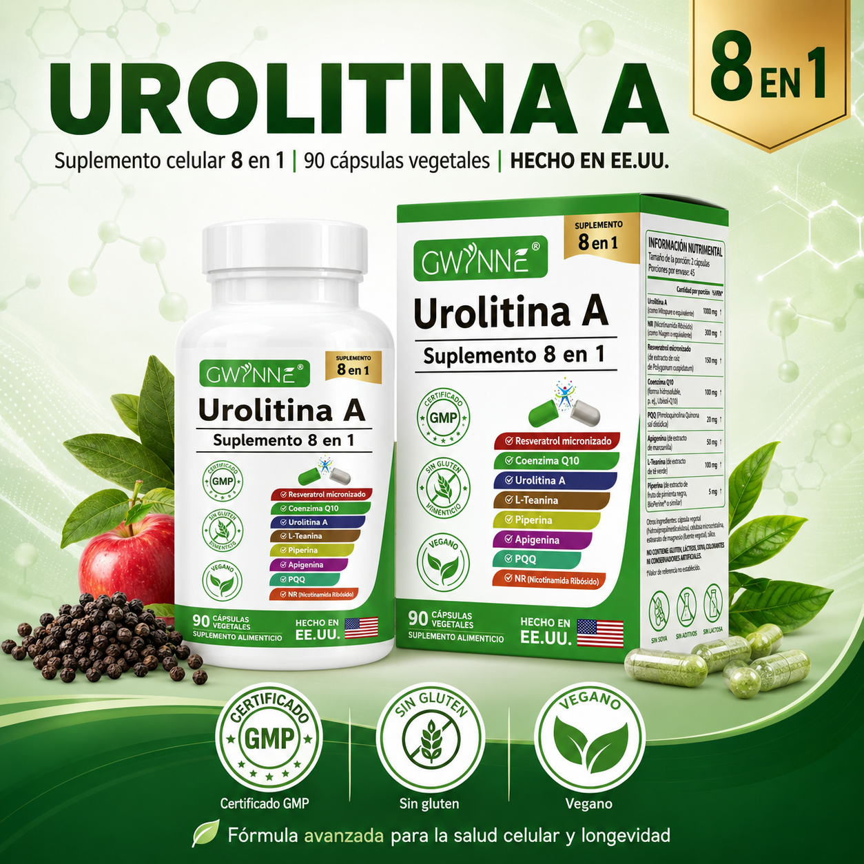 Gwynne Urolithin A 1000mg Complex Supplement 90 Cápsula,con Resveratrol,nr,coq10,pqq Y L-theanine Apoyo A La Energía Mitocondrial Y Celular