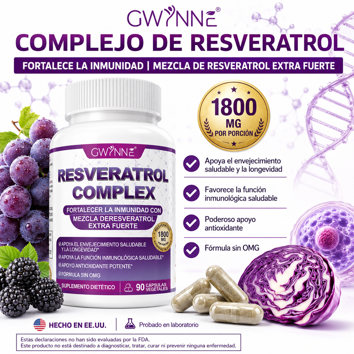 Gwynne Resveratrol Supplement 1800 Mg Complejo Antioxidante 90 Cápsulas,píldoras De Resveratrol Para Envejecimiento Saludable,apoyo A La Salud General,sistema Inmunológico,función Cerebral
