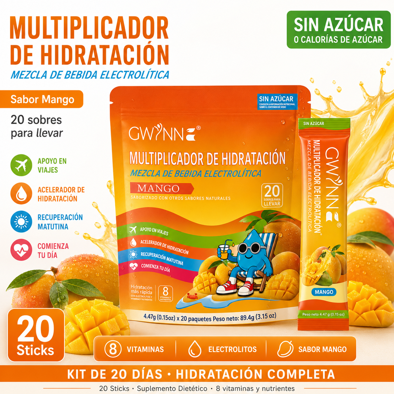 Gwynne Multiplicador De Hidratacion Mezcla De Bebida Electrolitica,supercalm Nutricional Bebidas Mixtas En Polvo Con Sodio ,vitamina C Y B12,sabor A Mango 20 Unidade