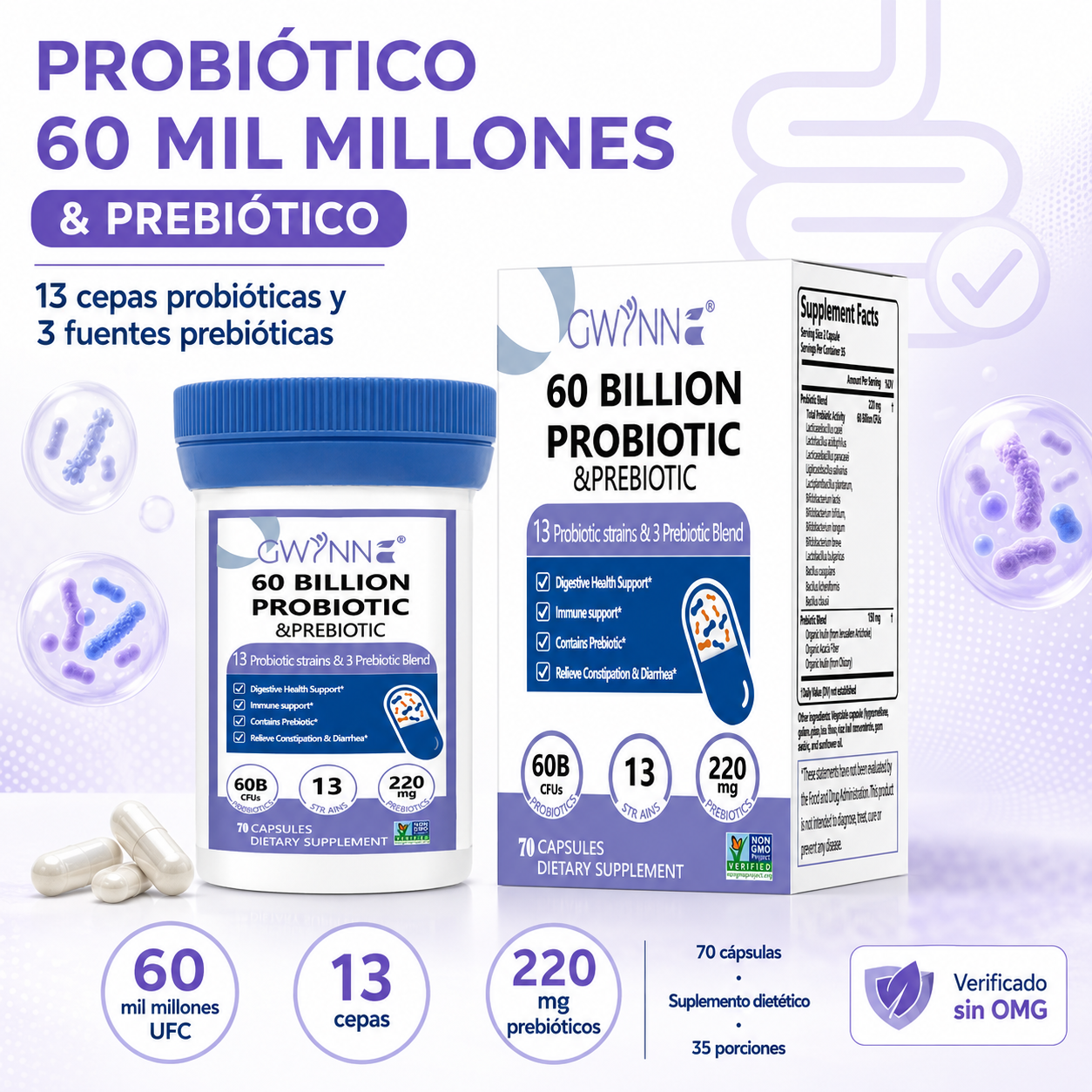 Gwynne vaginal Probióticos 60 Billion De Ucf 70 Cápsula,13Strains + 3Prebióticos Mezcla,salud Inmune,digestiva E Intestinal-Apoya El Estreñimiento,la Diarrea,apoyo Inmunológico Para Mujeres Y Hombres