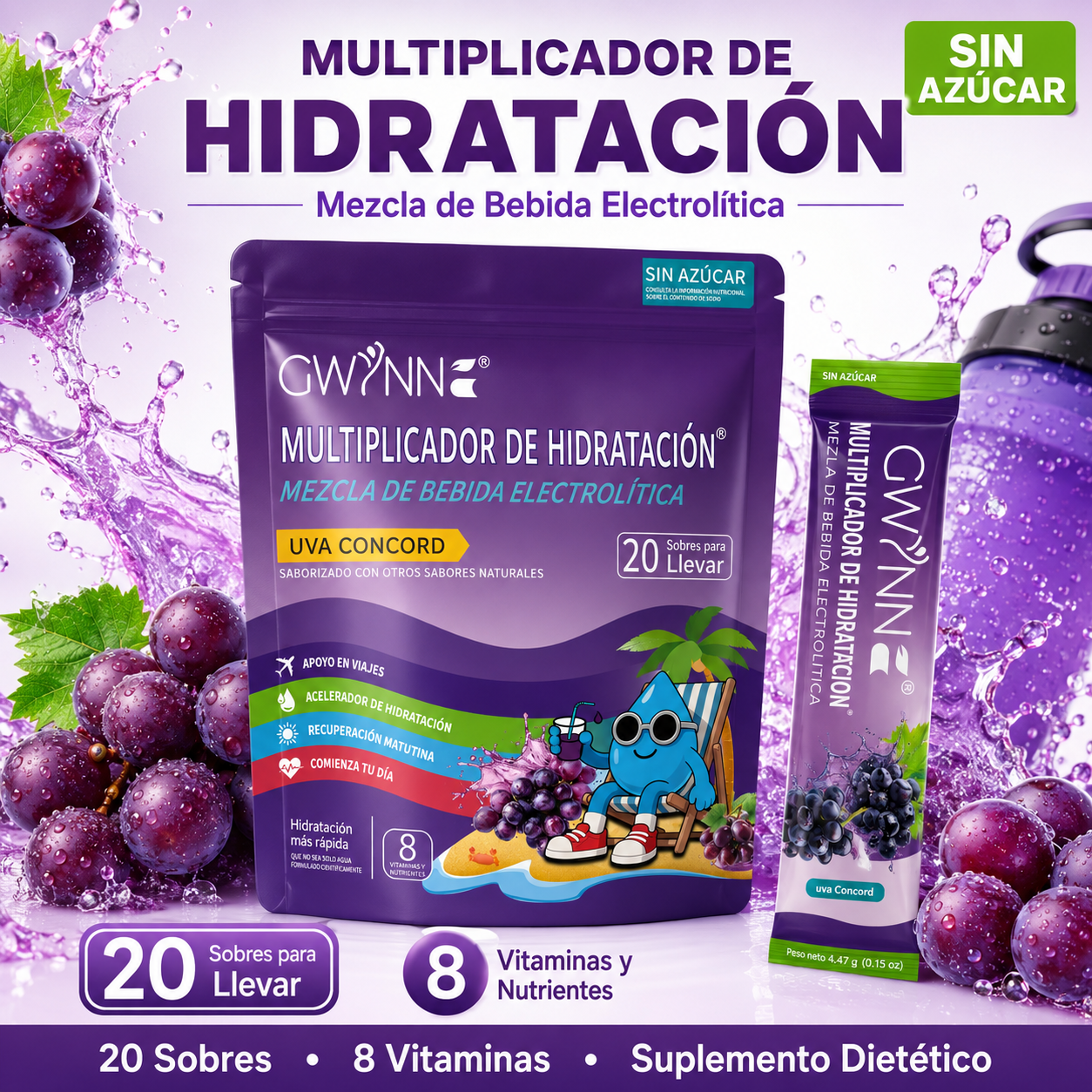 Gwynne Multiplicador De Hidratacion Mezcla De Bebida Electrolitica,supercalm Nutricional Bebidas Mixtas En Polvo Con Sodio ,vitamina C Y B12,sabor A Uva 20 Unidade