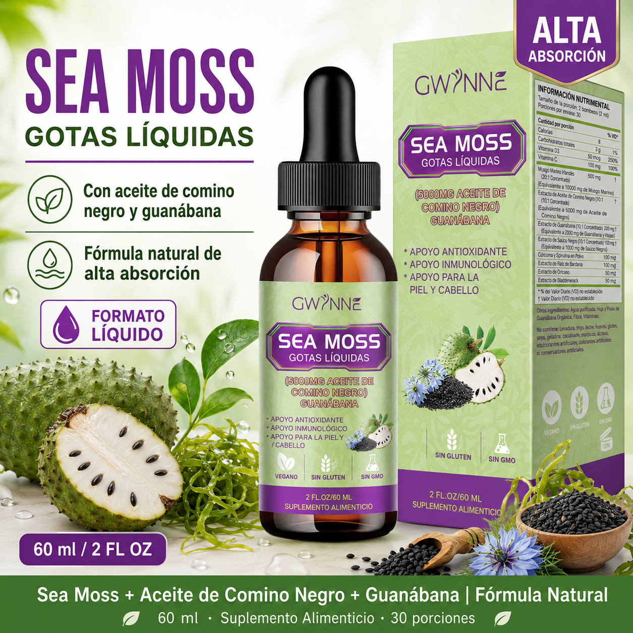 Gwynne Gotas Líquidas De Musgo Marino 5000mg 60ml - Irish Sea Moss Black Seed,suplemento Multimineral De Musgo Marino Apoyo Antioxidante, Inmunitario, Salud Intestinal