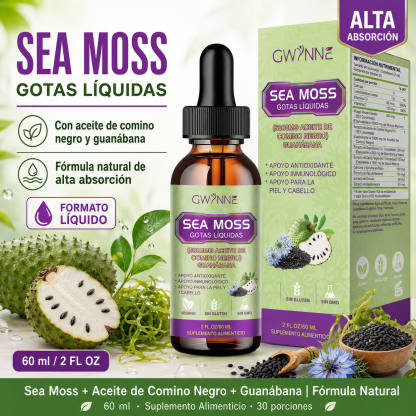 Gwynne Gotas Líquidas De Musgo Marino 5000mg 60ml - Irish Sea Moss Black Seed,suplemento Multimineral De Musgo Marino Apoyo Antioxidante, Inmunitario, Salud Intestinal