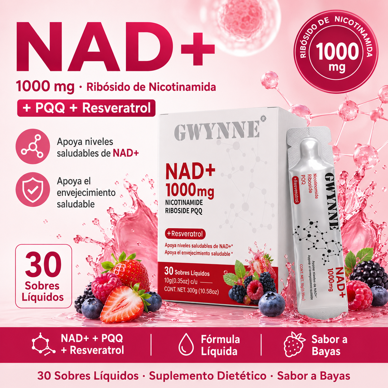 Gwynne Nad Suplemento Con Nicotinamide Riboside, Resveratrol & Pqq 1000mg Alternativa Nmn Extra Fuerte Para Anti-envejecimiento, Energía & Concentración 30 Unidad