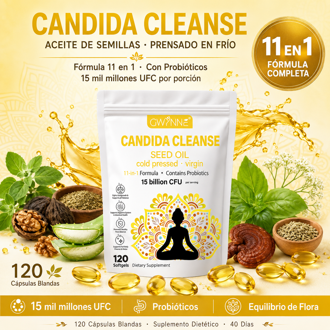 Gwynne Candida Cleanse Seed Oil 120 Cápsulas,hierbas Naturales Para La Desintoxicación Intestinal Con 15 Billion Cfu,11-in-1 Formula Con Hoja De Orégano,ácido Caprílico Y Probiotics