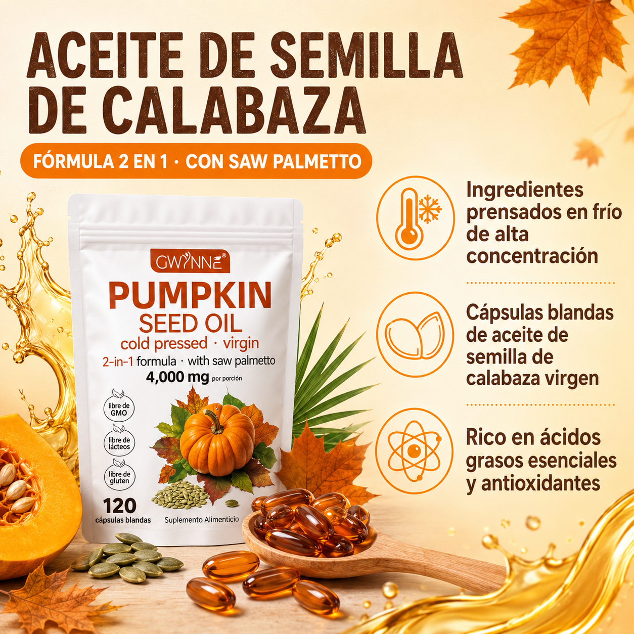 Gwynne 4000mg Cápsulas De Aceite De Semilla De Calabaza,Cold Pressed,Pure Virgin Oil,Apoyar la salud del cabello,el sistema urinario y la próstata,rico En Ácidos Grasos y Phytosterols 120cápsulas