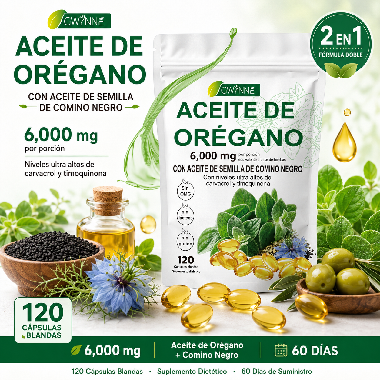 Gwynne Micro Ingredients Aceite De Orégano Cápsulas Oil Of Oregano Blandas 6000mg Por Dosis 120 Cápsulas
