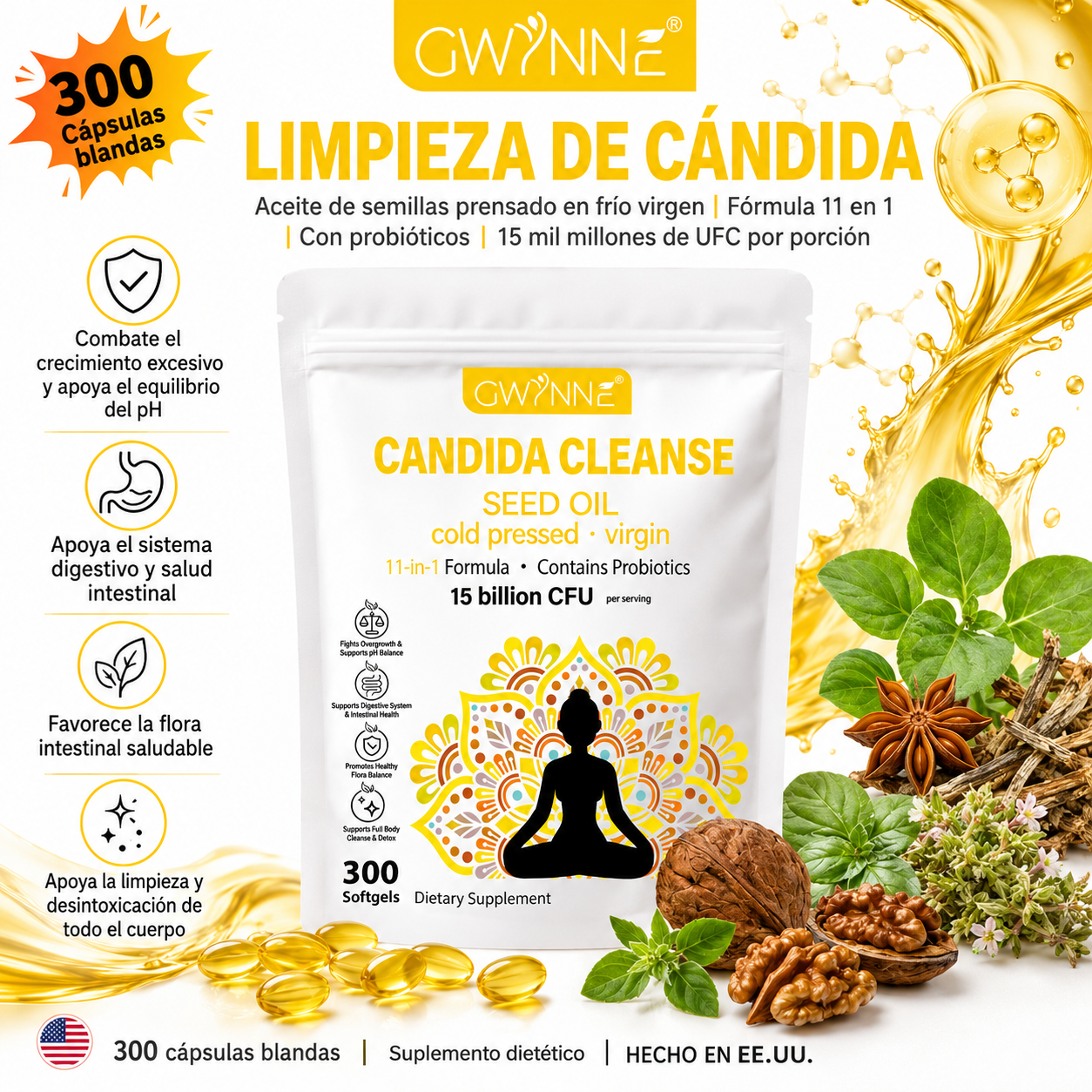 Gwynne Candida Cleanse Seed Oil Cápsulas,hierbas Naturales Para La Desintoxicación Intestinal Con 15 Billion Cfu,300 Cápsulas,11-in-1 Formula Con Hoja De Orégano,ácido Caprílico Y Probiotics