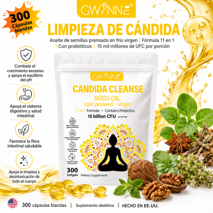 Gwynne Candida Cleanse Seed Oil Cápsulas,hierbas Naturales Para La Desintoxicación Intestinal Con 15 Billion Cfu,300 Cápsulas,11-in-1 Formula Con Hoja De Orégano,ácido Caprílico Y Probiotics