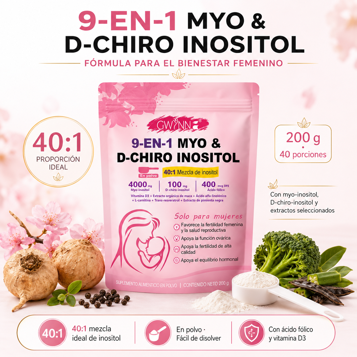 GWYNNE 40:1 Myo Y D Chiro Inositol Inositol En Polvo 250g